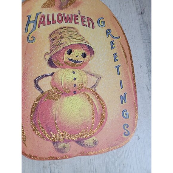 Vintage Halloween greetings pumpkin sign home decor hanging prop - Picture 3 of 5